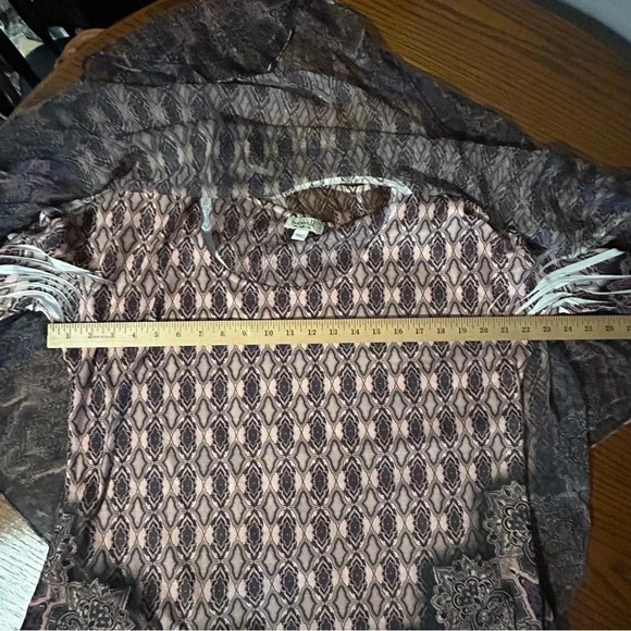 One World Plus Sz 1X Printed Long Sleeve Top w/ Chiffon Embellish Poncho Purple - Picture 13 of 14